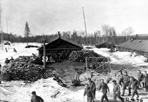 Camp Siskiwit Scene - Wood Pile and Saw Rig, Crews Heading for Chow, Camp Siskiwit, ca. 1936: [NVIC: 30-009], ISRO Archives.