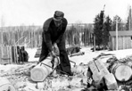 Hewing Logs, Camp Siskiwit, ca. 1938: [NVIC: 30-211], ISRO Archives.